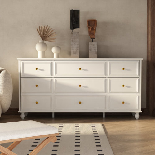 Classic Elegance 9-Drawer Dresser With Brass Knob Handles - Timeless