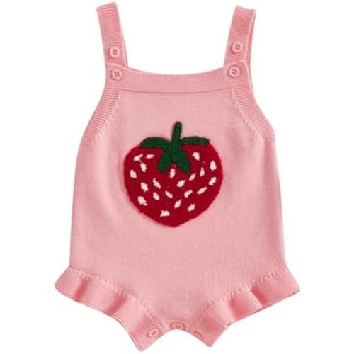 Newborn Baby Girl Knit Romper Strawberry Sweater Jumpsuit Sleeveless Bodysuit Halter Overalls Summer Outfit