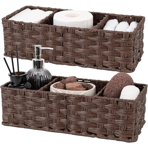 GRANNY SAYS Bathroom Baskets for Organizing, Wicker Baskets for Shelves, Toilet Storage Basket with Dividers, Small Basket for Organizing, Brown, 2-Pack