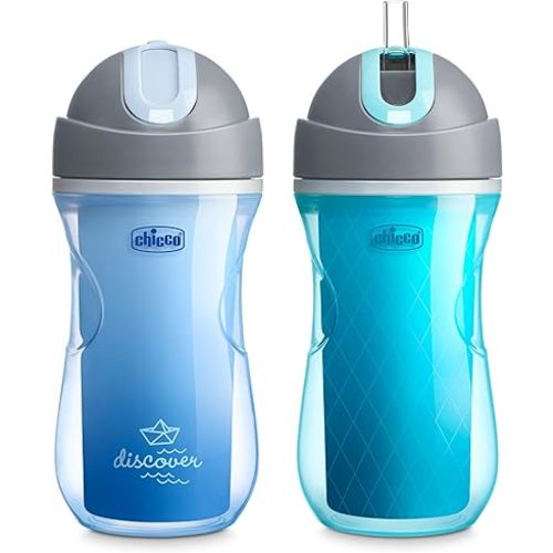 Chicco Double-Wall Insulated Flip-Top Sippy Cup with Silicone Straw and Spill-Free Lid 9oz.| Top-Rack Dishwasher Safe | Easy to Hold with Ergonomic Indents | Green Play/Teal, 2pk | 12+ months