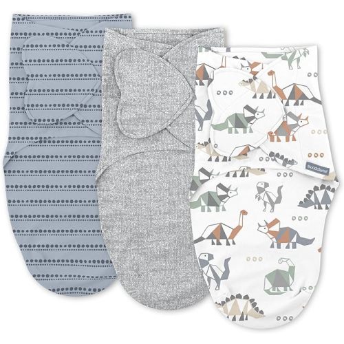 SwaddleMe by Ingenuity Monogram Collection Baby Swaddle, 100% Cotton, Improves Sleep & Calms Startle Reflex, 0-3 Months, Pocket Fold Design for Easy Changes, 1.0 TOG, 3-Pack - Dino Mite