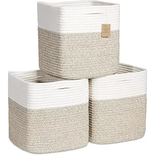 NaturalCozy Storage Cubes 11 Inch Cotton Rope Woven Baskets for Organizing, 3-Pack | Cube Bin Square Shelves Organizer, Classroom, Kids Toy Bins, Closet, Baby Nursery