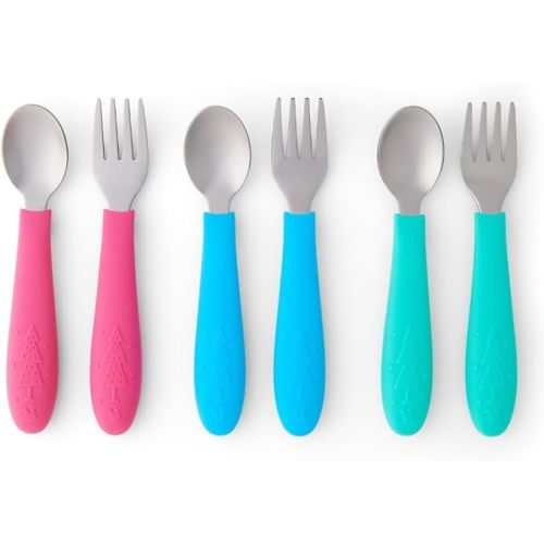 Elk and Friends Kids Silverware with Silicone Handle | Childrens Safe Flatware | Toddler Utensils | Baby Spoons + Forks | Stainless Steel Cutlery | Dishwasher Safe | 6 Pieces