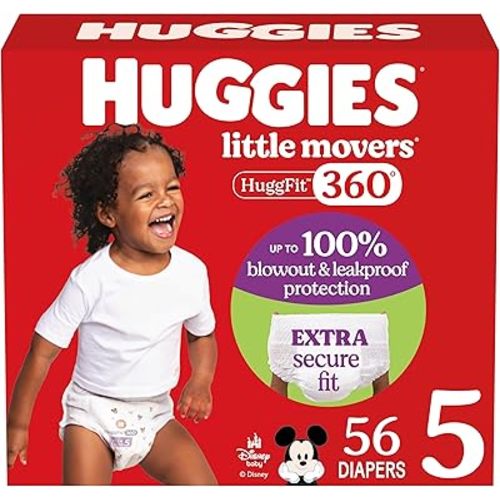 Huggies Size 5 Baby Diapers, Little Movers HuggFit 360° Baby Diapers with 360° Waistband, Size 5 (27+ lbs), 56 Count, Packaging May Vary