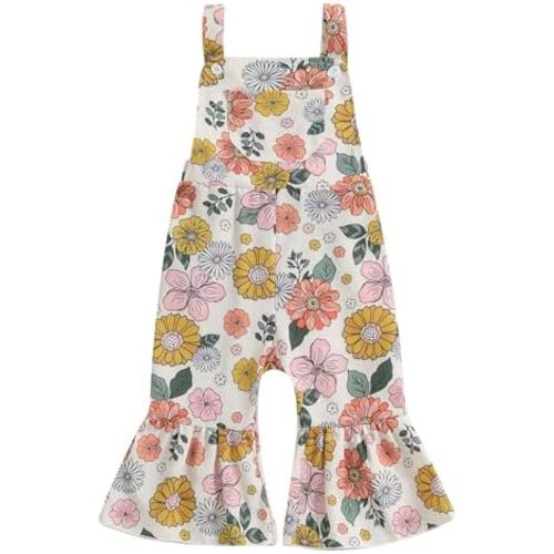 ZAXARRA Toddler Girl Fall Clothes Floral Baby Girl Bell Bottom Jumpsuit Baby Girl Overalls Flare Leg Jumpsuit