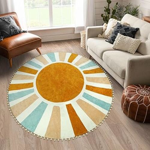 LIVEBOX Boho Rug 6ft Large Round Rug for Nursery Room, Non-slip Soft Shag Circle Rug Throw Rugs for Living Room, Colorful Rainbow Circular Rug for Kids Room