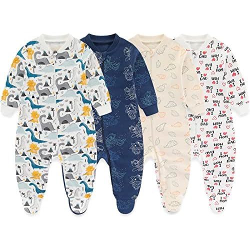 Newborn Baby One-Piece Footies Romper 2-Way Zip Cotton Bodysuit Long-Sleeve Jumsuit 4-Pack, 0-12 Months