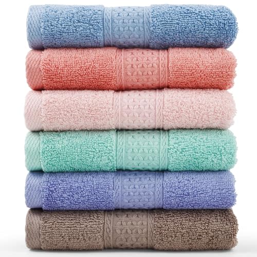 Cleanbear Face-Cloth Washcloths Set,100% Cotton, High Absorbent, 6-Pack 6 Colors, Size13 x13-deep Color