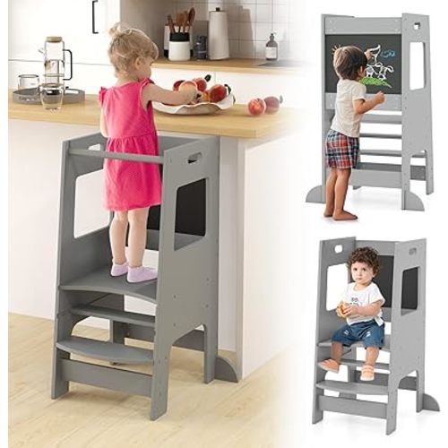 INFANS Toddler Standing Tower, Kids Montessori Kitchen Step Stool Helper with 2 Adjustable Height Learning Blackboard Safety Rail Wooden, Anti-Slip Mats, 1-3 Year Old Boy Girl Gifts (Grey)
