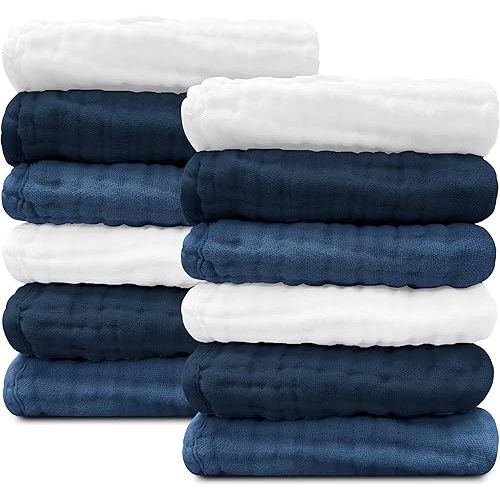 Sunny zzzZZ Baby Muslin Washcloths -100% Cotton Muslin Soft Baby Bath Wash Cloths and Absorbent Burp Cloths for Newborns Kids Girls and Boys -12 Pack, 12x12 Inches - White+Deep Navy Series