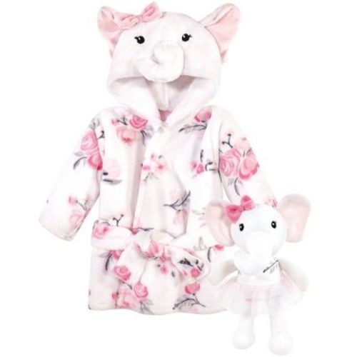 Hudson Baby Infant Girl Plush Bathrobe And Toy Set, White Elephant, One Size