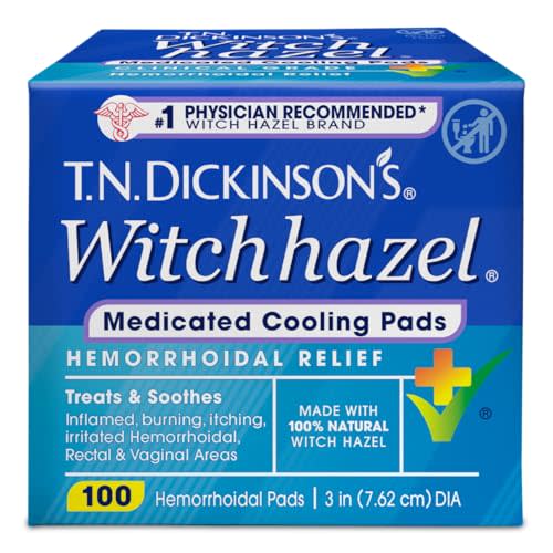 T.N. Dickinson's Medicated Cooling Pads | Witch Hazel & Aloe | 100 Rounds | Hemorrhoid Treatment, Postpartum Care, Feminine & Rectal Relief; Soothes & Cools