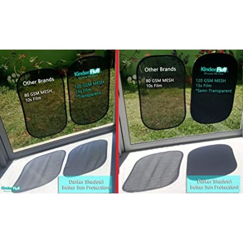 kinder Fluff Car Window Shade (4Pack)-The Only Certified Car Window Sun Shade for Baby Proven to Block 99.95% UVR - Mom's Choice Gold Award Winning -Car Window Shade for Baby- Car Seat Sun Protection - 2 Semi Transparent + 2 Transparent