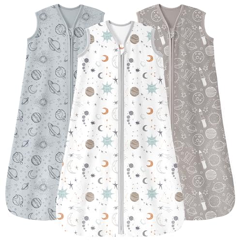 Unnivoll Baby Sleep Sack 0-6 Months 3 Pack 100% Cotton Lightweight 0.5 TOG Wearable Blanket Baby Sleep Bag with 2-Way Zipper for Newborn Infant White Gray Blue Space
