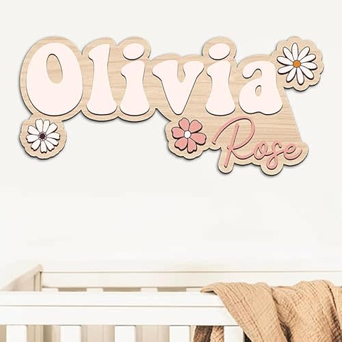 Personalized Name Sign For Nursery, Custom wooden name sign, Boho floral name sign, Girl name Sign, Baby room decor, Above crib sign, Baby gift, Daisy flower wood sign, Retro Nursery Sign d1