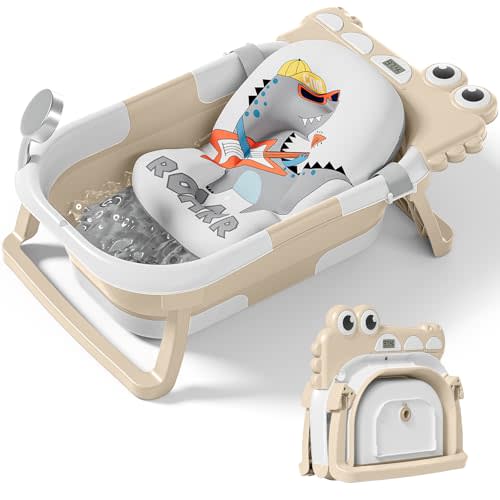 TPN Collapsible Baby Bathtub for Infants to Toddler with Real-time Temp Monitor+Floating Cushion,Foldable Baby Bath Tub Set Applicable 0-36 Month,Perfect Portable Travel Baby Tub for Newborns Boy