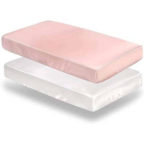 SiinvdaBZX 2 Pcs Satin Crib Sheets for Girls, Silky Soft Crib Fitted Sheets for Standard Crib and Toddler Mattress (Pink & White, 52 x 28 x 8In)