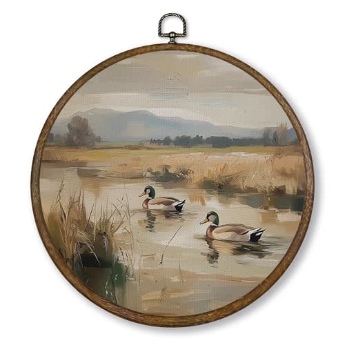 Qskjre Vintage Mallard Duck Wall Art Decor, Nursery Cottagecore Duck Pond Hunting Round Wood Framed Canvas Picture Wall Art, Rustic Bird Hunter Hanging Prints for Woodland Room Decorations 10"x10"