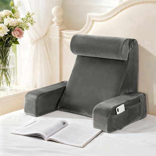 Sonoro Kate Reading Pillow for Sitting in Bed Adult, Large Backrest Support Pillow with Arms, Ergonomic Wedge Cushion for Reclining, Watching TV, Resting, Queen, Gray