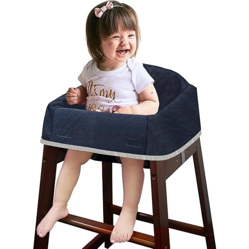 Dual-Belt Baby High Chair Cover, Upgrade Version, for Wooden or Restaurant High Chair, Sturdy and Robust Material, Waterproof Washable Stain and Slip Resistant, Navy Blue