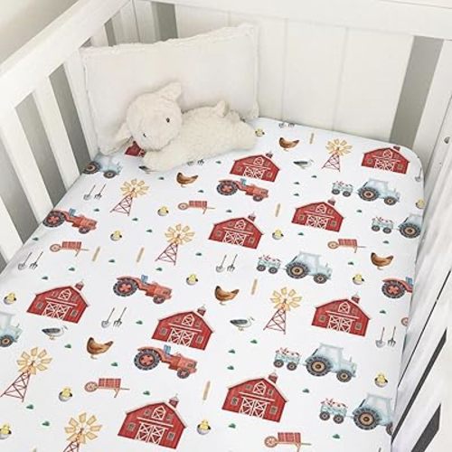 Watercolor Farm Animals Baby Crib Sheet 52''x28'' Farmhouse Barn Chicken Pig Duck Tractor Fitted Crib Mattress Sheet Covers for Boy Girl Baby Nursery Bed Sheets for Standard Crib Mattress
