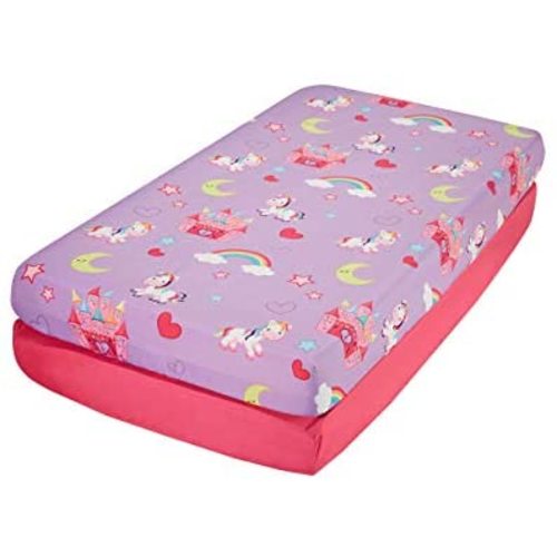 EVERYDAY KIDS 2 Pack Fitted Girls Crib Sheet, 100% Soft Microfiber, Breathable and Hypoallergenic Baby Sheet, Fits Standard Size Crib Mattress 28in x 52in, Nursery Sheet - Unicorns/Hot Pink - 2 Pack - Unicorn/Hot Pink
