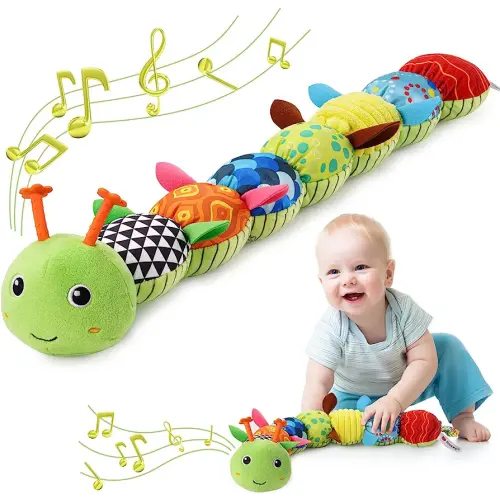 Baby Toys 0 to 12 Months, Musical Stuffed Animal Activity Soft Toys with Multi-Sensory Crinkle, Rattle and Textures, Infant Tummy Time Toys for Newborn Boys Girls, Caterpillar, Green
