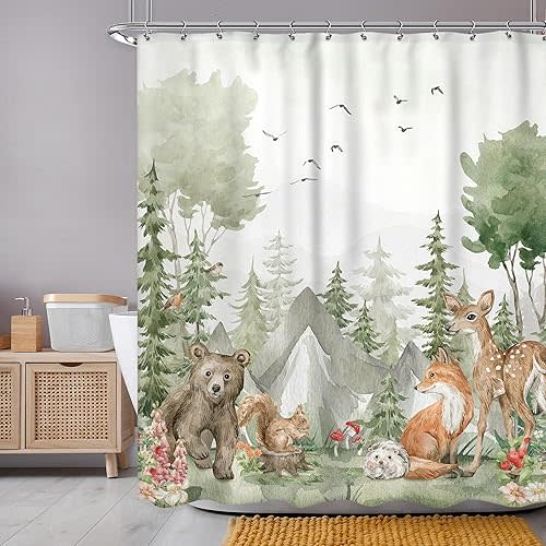 Rustic Nursery Woodland Animals Shower Curtain for Kids 60Wx72H Inch Cute Wildlife Country Safari Bear Deer Plant Bathroom Set for Children Waterproof Bath Decoration Accessories Home Decor
