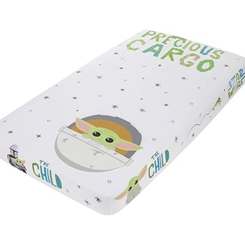 NoJo Star Wars The Mandalorian Grogu, White, Green, and Blue Precious Cargo Photo Op Nursery Fitted Crib Sheet