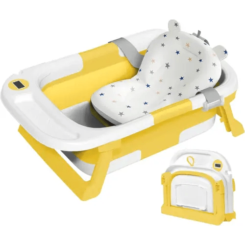 Collapsible Baby Bathtub,Baby Bath Tub with Thermometer & Soft Cushion,Baby Bathtub for Newborn to Toddler 0-36 Months,Portable Travel Baby Tub with No-Slip Feet,Baby Shower Gifts,Yellow