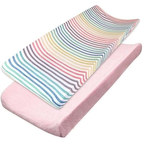 HonestBaby 2-Piece Organic Cotton Printed & Terry Changing Pad Cover Set, Rainbow Stripe, One Size (D2BDR)