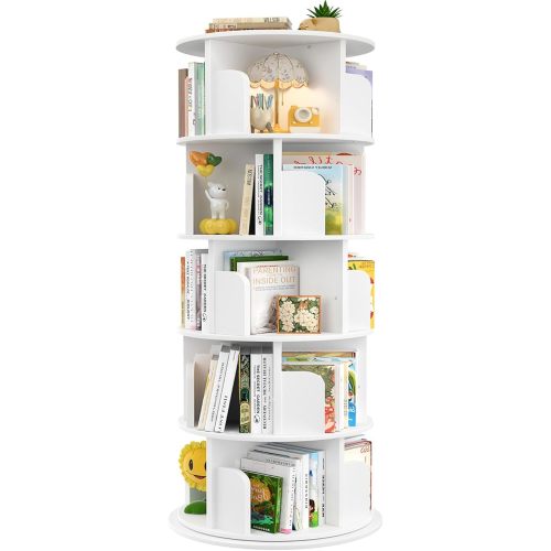 Aheaplus Rotating Bookshelf, 360 Display Wood Spinning Tower, 5 Tier Floor Standing Storage Rack, Revolving Corner Bookcase for Small Space, Bedroom, Study Room, White