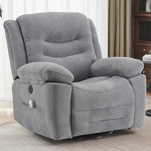 Large Power Swivel Rocker Recliner with Massage and Heat, USB Port, Infinite Position, Overstuffed Electric Glider Rocking Chairs Living Room, Soft Fabric Reclining Sofa Chair(Misty Gray)