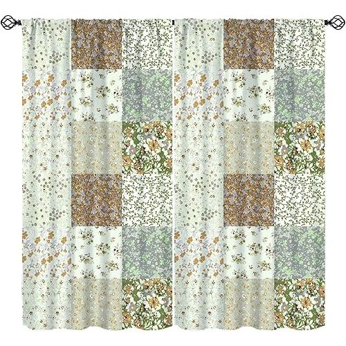 Boho Flower Patchwork Blackout Curtains Farmhouse Patchwork Quilted Country Check Print Window Drapes for Bedroom Living Room Kitchen Cafe （W21xL63 Inch） x2 Panels