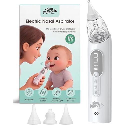 Nasal Aspirator for Baby, Baby Nose Sucker with 3 Suction Level, Tiny Marvels Electric Nose Cleaner for Congestion & Allergy Relief, 3 Silicone Tips, Music Light Soothing, USB