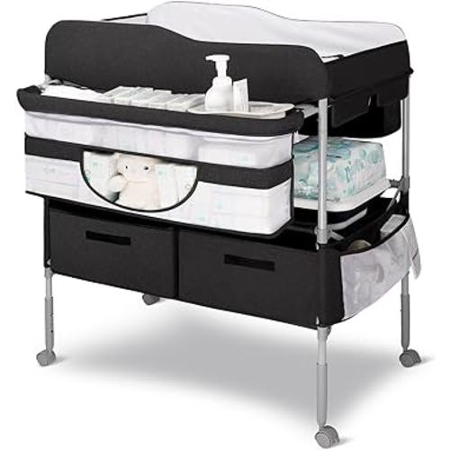 Portable Baby Changing Table with Wheels Adjustable Height & Folding with Waterproof Diaper Changing Table Pad Topper, Mobile Nursery Organizer & Storage Rack for Newborn Essentials (Black)