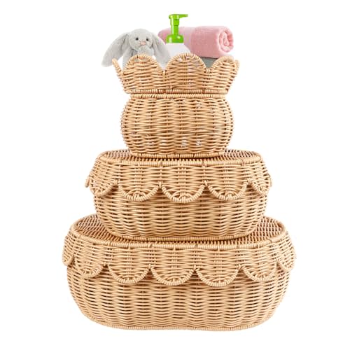 3 Pcs Scalloped Basket With Lid, Hand Woven Wicker Basket Set, 16 x 12 x 6 In Decorative Scalloped Edge Basket for Storage Food, Clothes, Toys, Picnic Table Bathroom Decor (S+M+L)