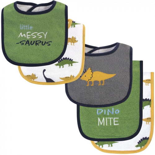 Hudson Baby Infant Boy Cotton Terry Bib and Burp Cloth Set 5pk, Messysaurus, One Size