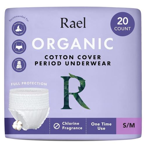 Rael Disposable Underwear for Women, Organic Cotton Cover - Postpartum Essentials, Leak Locker, Unscented, Maximum Coverage (Size S-M, 20 Count)