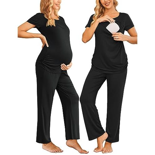 Ekouaer Women Maternity Nursing Pajama Set Breastfeeding Sleepwear Set Short Sleeve Top & Pants Postpartum Pajamas
