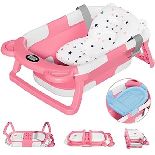 MoreFeel Collapsible Baby Bathtub for Newborn with Thermometer & 1 Soft Floating Cushion,Portable Travel Bathtub with Drain Hole, Durable Foldable Baby Tubs for Infants to Toddler