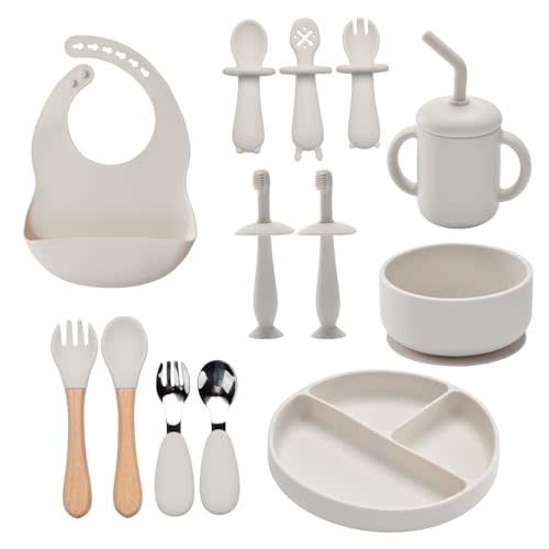 Silicone Baby Feeding Set,13PCS Baby Feeding Essentials with Suction Bowl and Plate,Spoons & Forks,Bib & Cup,Baby Toothbrush,Baby Led Weaning Supplies for 6+ Months,Baby Eating Essentials-White