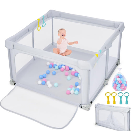INFANS Baby Playpen Foldable, 50’’x50’’ Large Playard for Toddlers with Gate, Soft Visible Mesh, Indoor Outdoor Kids Activity Center Fence with 4 Handlers 50 Ocean Balls (Gray)
