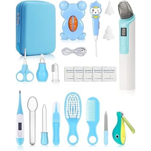 Baby Grooming and Healthcare Kits with Electric Nasal Aspirator, 21 in 1 Portable Baby Safety Care Set with Hair Brush Comb Nail Clipper for Newborn Infant Girl Boys(Blue)