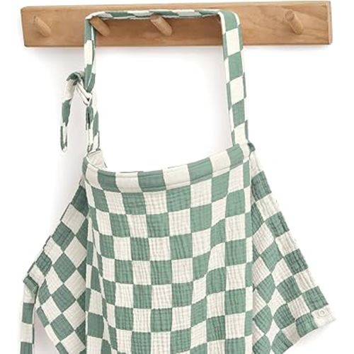 Blissful Diary Muslin Nursing Cover for Breastfeeding, Breathable Breastfeeding Cover up with Arch Neckline for Women, Nursing Apron (Sage Checkboard)