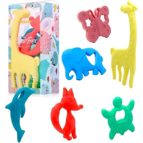 ChewBox Teething Toys 6 Pack- Animal Edition - Silicone Teethers for Babies Multi-Textured BPA Free, Freezer Safe to Soothe Babies Gums