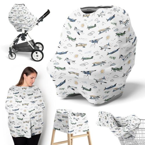Sweet Jojo Designs Boy 5-in-1 Multi Use Baby Nursing Cover Vintage Airplane Green Blue and Yellow