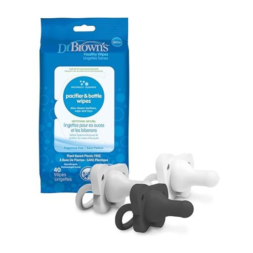 Dr. Brown's HappyPaci 100% Silicone Pacifier 0-6m, BPA Free, Black, Cool Gray, White, 3 Pack and Pacifier and Bottle Wipes, 40 Count