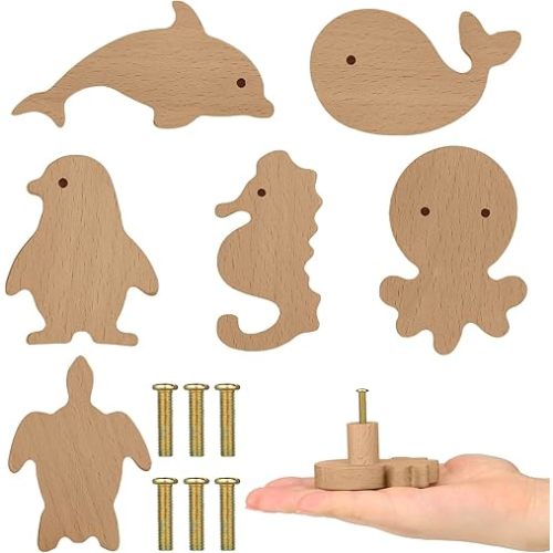 Qunclay Wooden Animal Cabinet Knobs Decorative Wood Dresser Knobs with Screws Dresser Pulls Marine Woodland Natural Wild Animals Pulls Handles Nursery for Home Furniture Decor(Sea Animal,6 Sets)