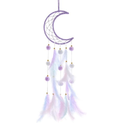 Pretty Jolly Purple Moon Kids Dream Catcher Wall Decor Pompom Feather Baby Dreamcatcher Handmade Children Dream Catcher Home Décor Wall Hanging for Nursery Bedroom Boys Girls Birthday Gift-25.6in